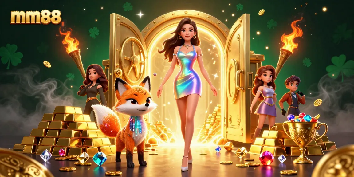 Engage in thrilling mm88 gambling with vibrant visuals of colorful characters and golden treasures.