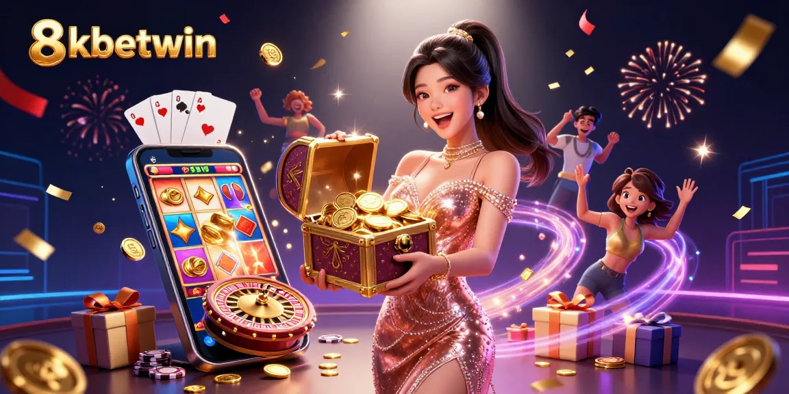 Experience the excitement of 8kbetwin with treasure and casino games in this vibrant digital illustration.