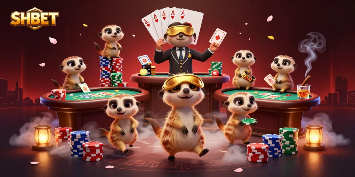 Experience vibrant gameplay at SHBET casino with interactive meerkat dealers and dynamic poker elements.