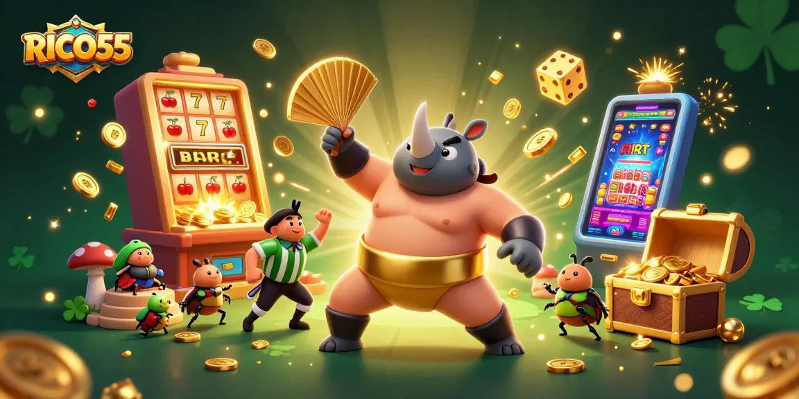 Experience excitement at RICO55 with a vibrant 3D illustration of a beetle sumo champion and casino elements.