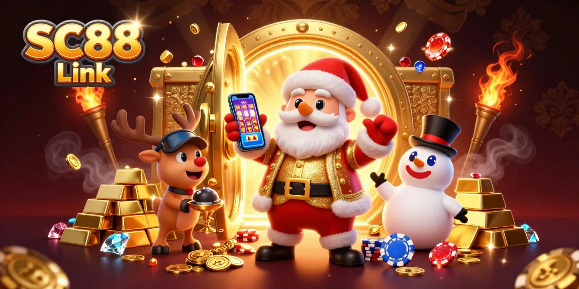 Win big at SC88 Link with festive characters enjoying jackpot slots in a vibrant casino scene.