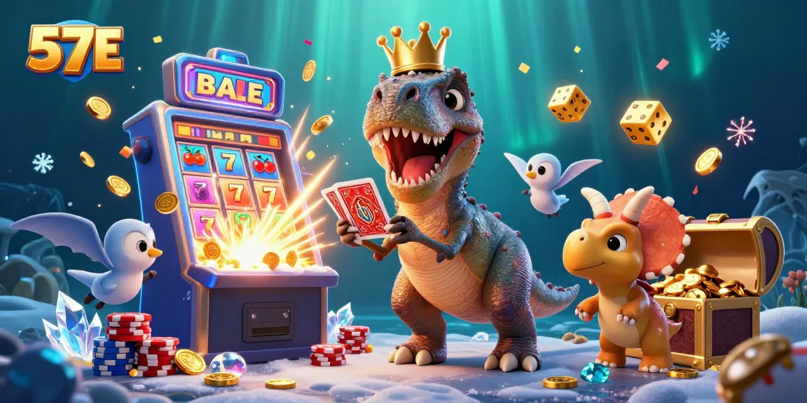 Engage with 57E's exciting slot games as a friendly T-Rex shuffles cards and a triceratops stacks chips.