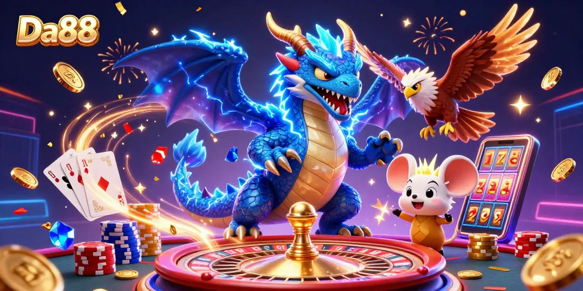 Experience thrilling gameplay at Da88 with vibrant casino elements like a roulette wheel, poker chips, and flying coins.