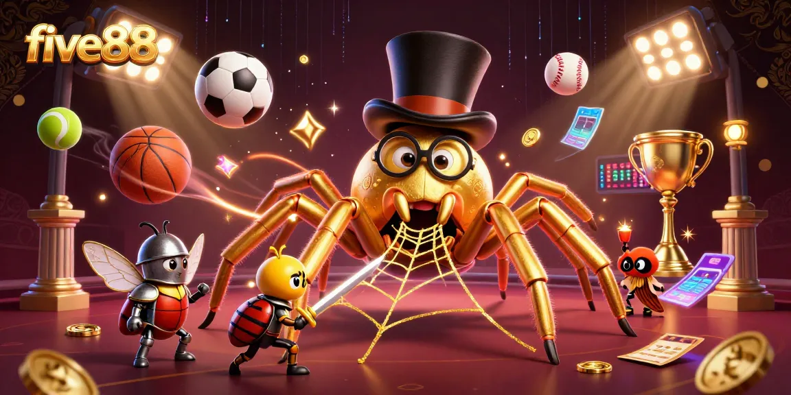 Experience five88 with a dynamic illustration of a golden tarantula, beetle knight, and flying sports elements.