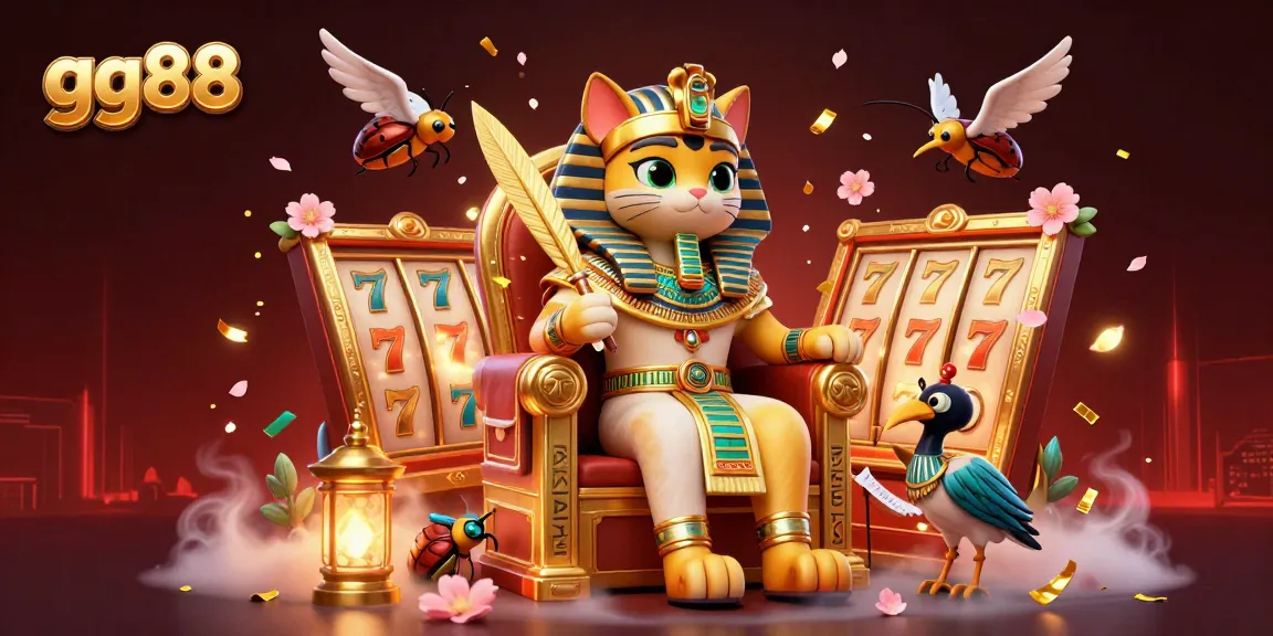 Engage with exciting slots at gg88 with a pharaoh cat and scribe amidst vibrant gaming elements.