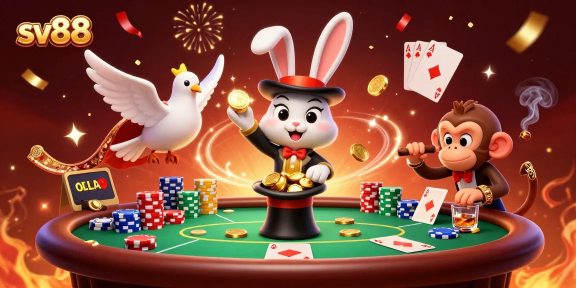 Experience the thrill of sv88 as a magician rabbit unveils golden coins in a vibrant casino scene.