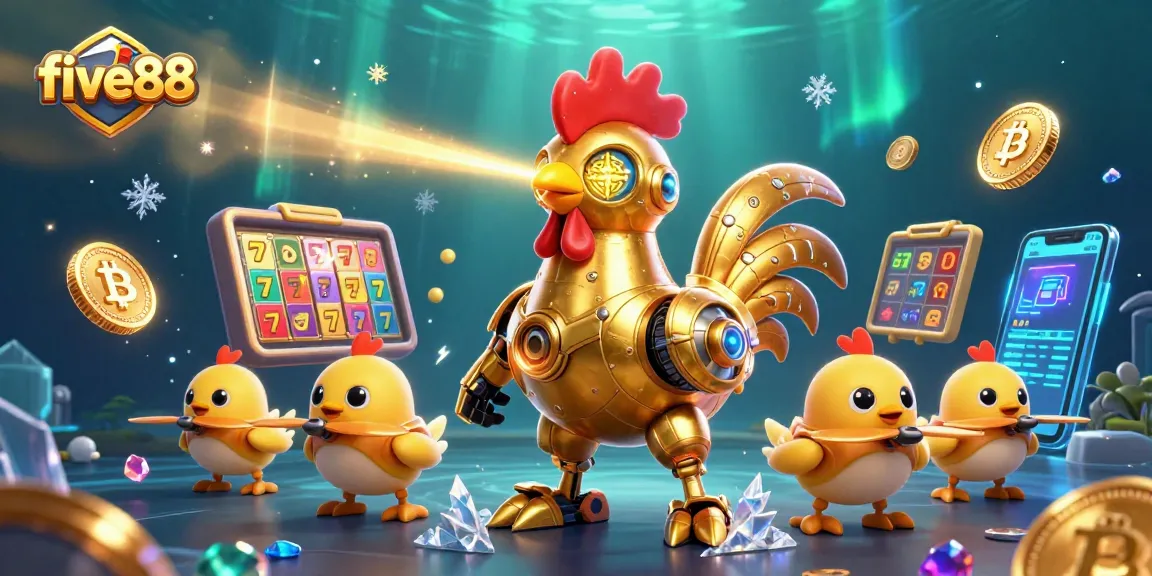 Experience excitement with five88, featuring a golden rooster robot and vibrant slot elements.