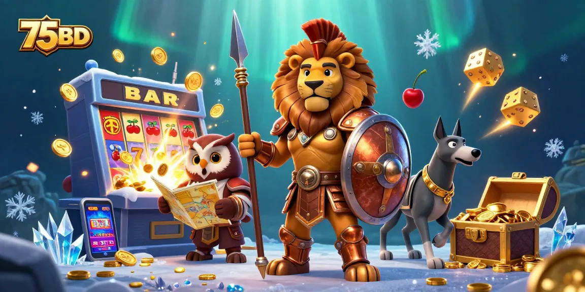 Experience thrilling gameplay with 75BD's dynamic casino scene, featuring a slot machine jackpot.