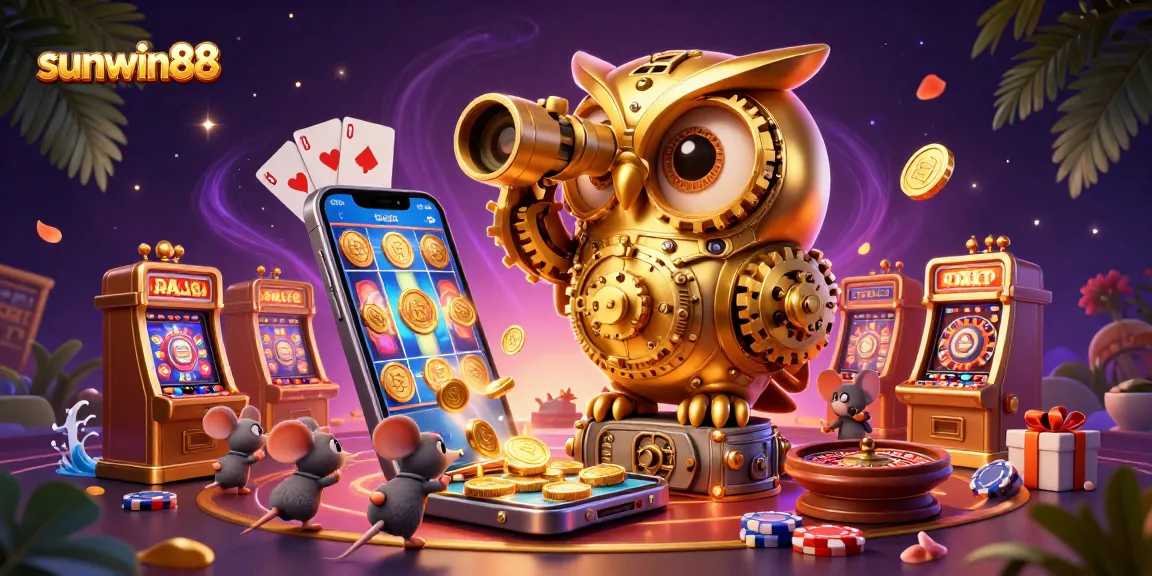 Experience excitement at sunwin88 with a vibrant scene of an owl and mice in a bustling casino atmosphere.