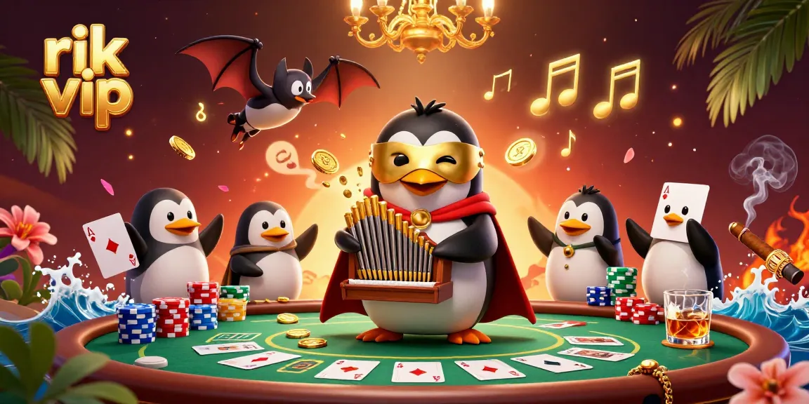 Engage with the thrilling rik vip gaming experience, featuring an animated casino scene with coins and poker elements.