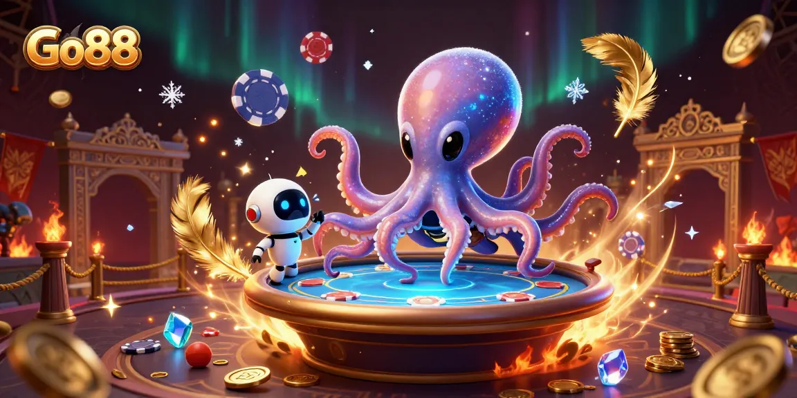 Engage in thrilling poker at Go88 with an alien octopus managing a holographic table.
