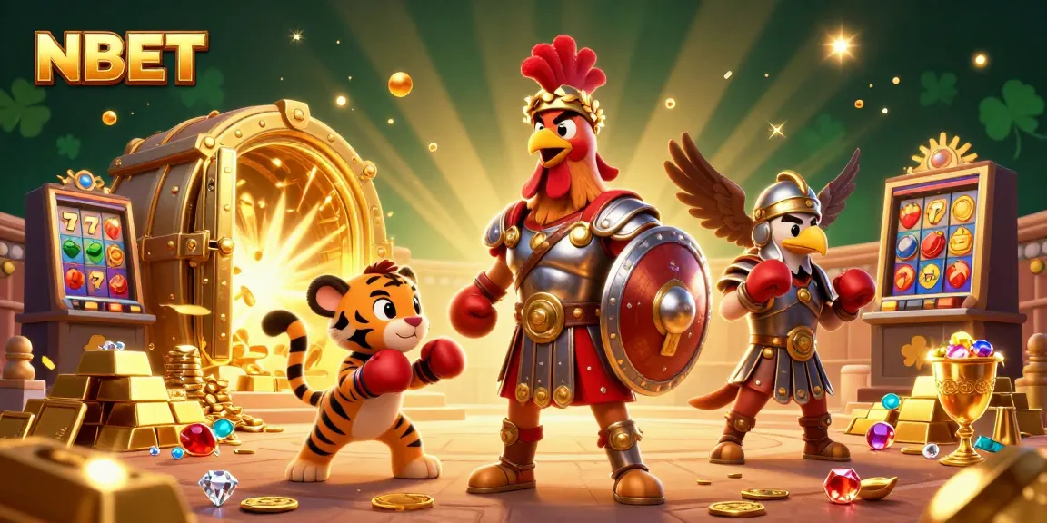 Engage in thrilling gaming action with NBET's dynamic casino atmosphere featuring characters and gold.
