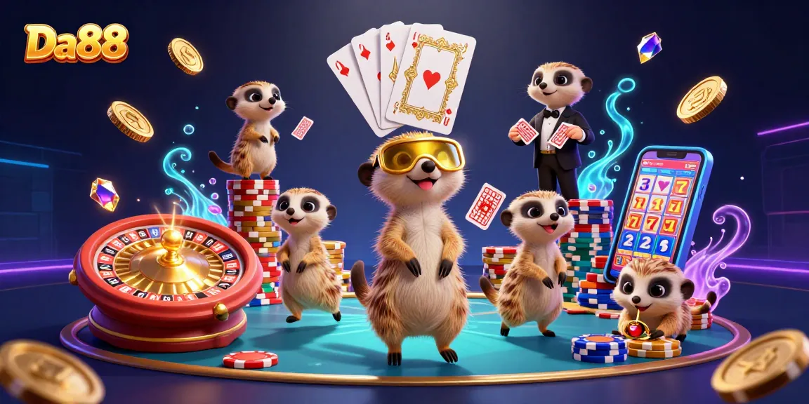 Experience Da88's vibrant casino scene with playful meerkats managing games and winning rewards.