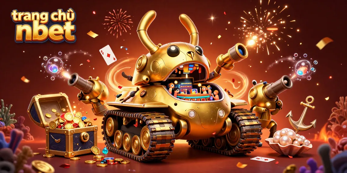 Experience the vibrant scene of trang chủ nbet where a golden beetle tank hosts a miniature casino amid confetti and treasures.