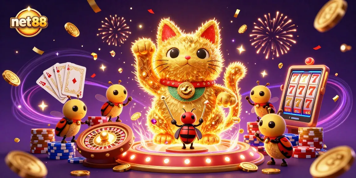 Experience net88's vibrant casino world with a lucky cat and dynamic gaming elements.
