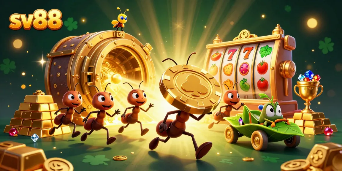 sv88 ant team heists giant poker chip, vibrant casino-themed 3D illustration.