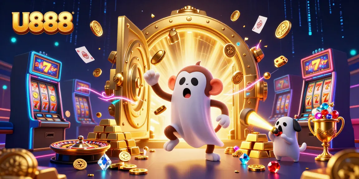 U888 showcases a playful monkey juggling casino items while a curious puppy tracks it in a vibrant gaming scene.