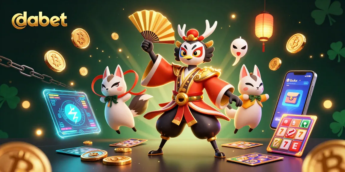 dabet showcases a dynamic slot game scene featuring colorful characters and cryptocurrency elements.