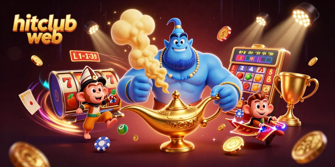 Experience the excitement of Hitclub web with a whimsical genie and poker chips amidst vibrant gaming elements.