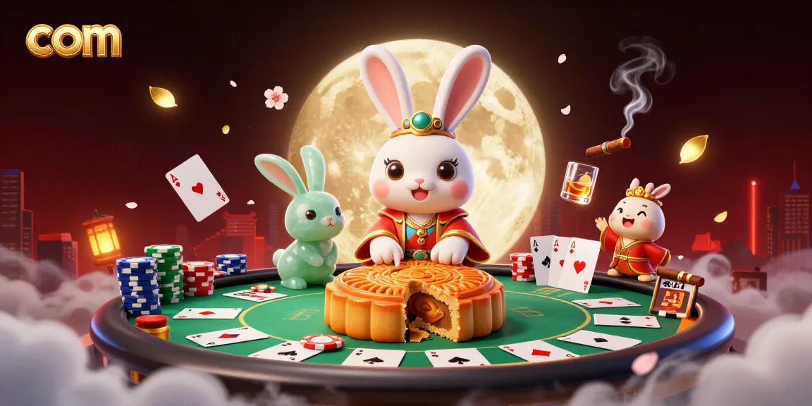 Play poker with com-themed moon rabbits revealing chips in a vibrant lunar casino scene.
