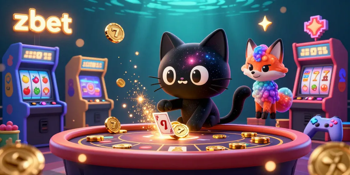 Engage with zbet's vibrant casino scene featuring a black hole cat and nebula fox amidst dynamic gaming elements.