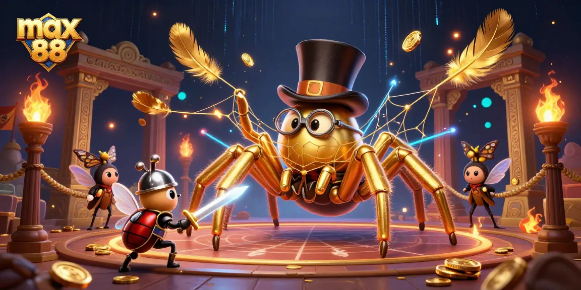 Join the adventure at max 88 with a daring beetle knight and a golden tarantula in a vibrant casino scene!