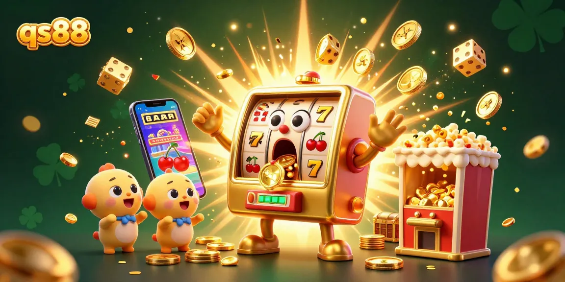 Jackpot celebration with qs88 golden slot machine, coins bursting forth in a vibrant casino scene.