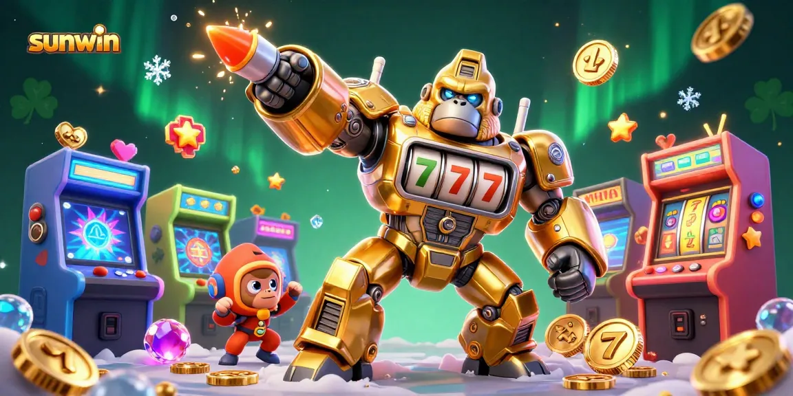 Engage with sunwin’s vibrant slots action featuring a golden gorilla mech amid dynamic gaming elements.