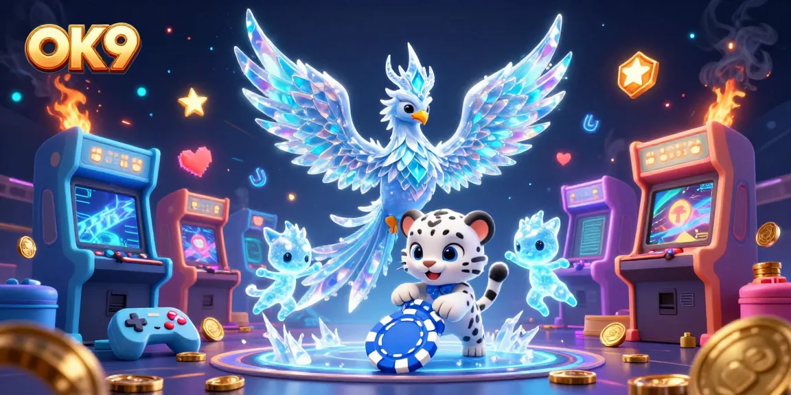 Engage with the exciting realm of OK9, showcasing vibrant ice characters in an immersive casino scene.