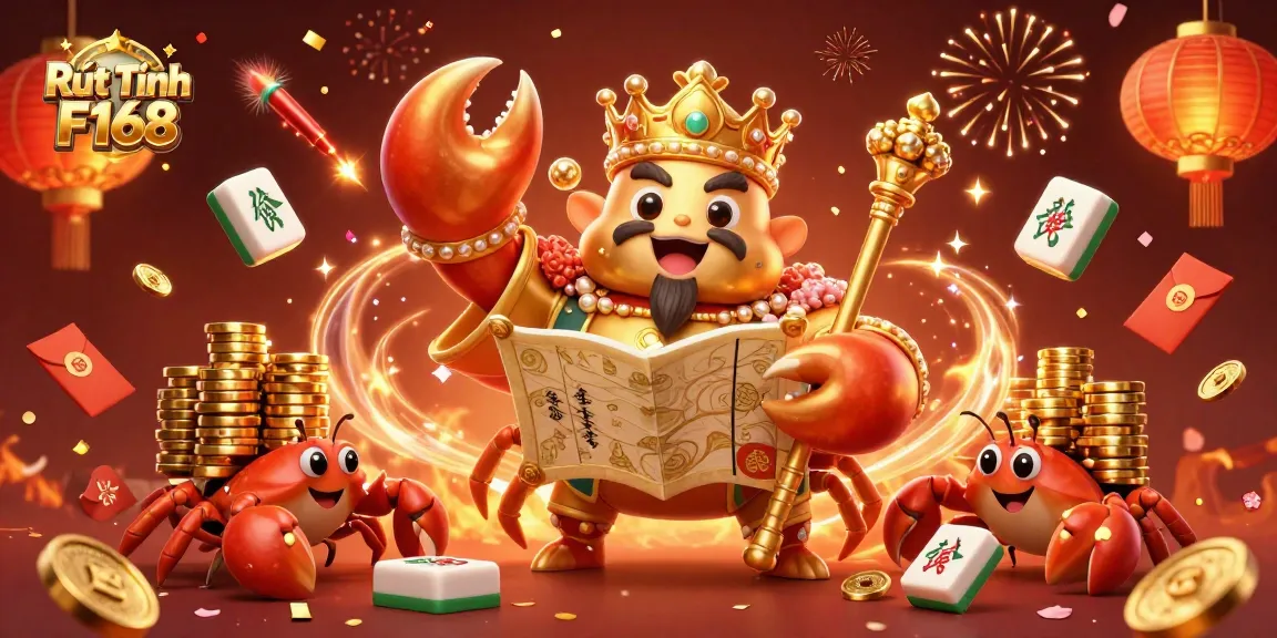 Engage in Rút Tiền F168 with a colorful casino-themed 3D illustration featuring a royal crab emperor.