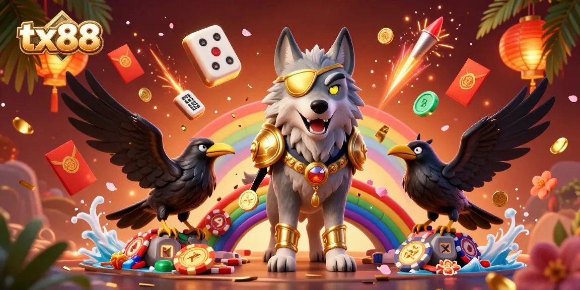 Engage with tx88's casino magic featuring Odin and ravens in a vibrant 3D illustration.
