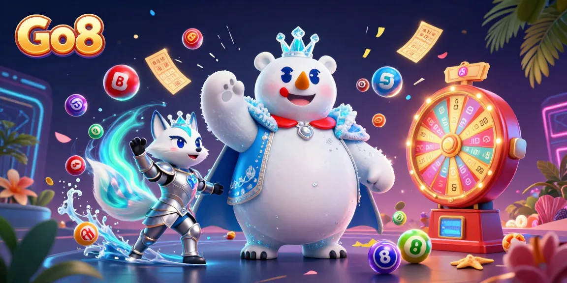 Spin the winning numbers with Go8's vibrant lottery scene featuring a cartoon ice king and fox.