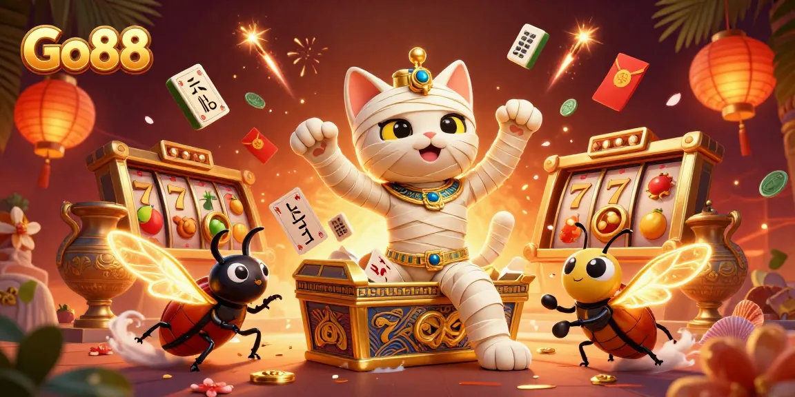 Experience thrilling entertainment at Go88 with a mummy cat and scarab in a casino scene.