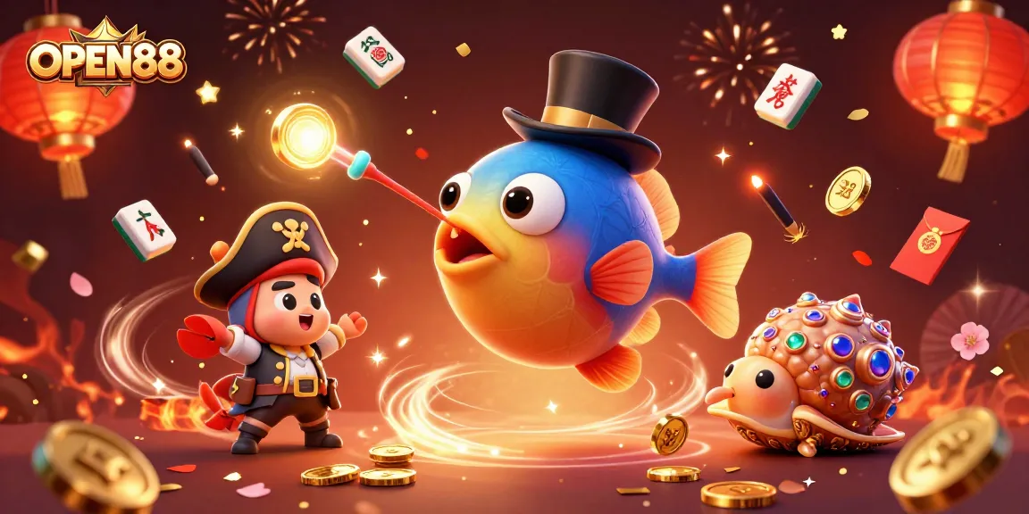 Engage with OPEN88's thrilling environment as golden coins glow around a whimsical anglerfish and pirate shrimp.